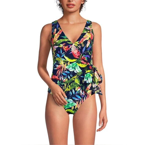 Land's End One Piece Swimsuit soft side tie wrap navy prism pink multi palm Var - Picture 1 of 7